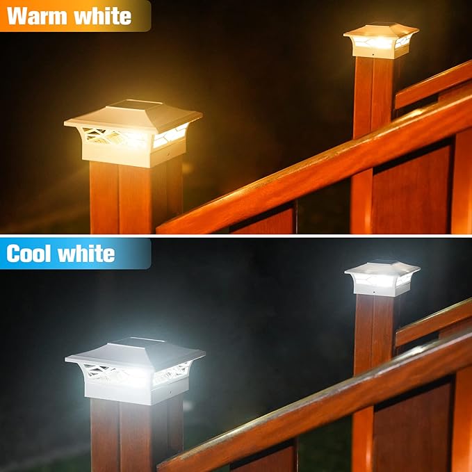 VOLISUN Solar Post Cap Lights: 2 - Pack Outdoor Deck Post Cap Lights White for Dock Fence Waterproof 2 Color Modes,4x4/6x6 Wooden/Vinyl Posts