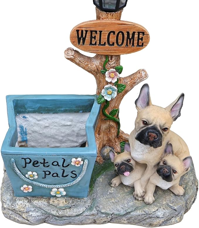 Animal Outdoor Statue Planter Solar Light Welcome Garden Sculpture Resin Flower Pot Decorative Porch Patio Yard Lawn Entryway Figurine with LED Lamp Rustic Plant Holder Ornament Courtyard (J)