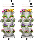 GameXcel Vertical Planter Tower - 5 Tier Stackable Garden Planters with Wheels and Tools Plant Pots for Strawberry Herb Flower and Vegetable Indoor Outdoor Use Gray 2 Pack