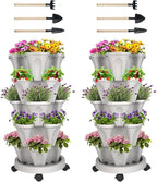 GameXcel Vertical Planter Tower - 5 Tier Stackable Garden Planters with Wheels and Tools Plant Pots for Strawberry Herb Flower and Vegetable Indoor Outdoor Use Gray 2 Pack