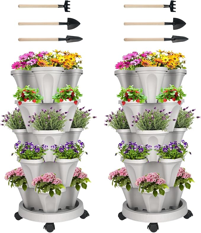 GameXcel Vertical Planter Tower - 5 Tier Stackable Garden Planters with Wheels and Tools Plant Pots for Strawberry Herb Flower and Vegetable Indoor Outdoor Use Gray 2 Pack