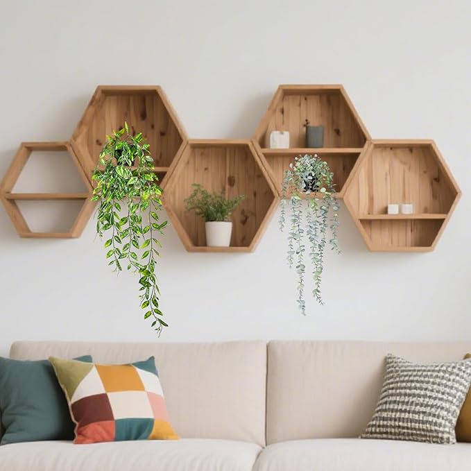 2 Packs Fake Potted Plants Artificial Hanging Plant with Black Pot Faux Hanging Potted Flowers Faux Pathos Vine Plant - Ideal for Shelf Decor Home Office Indoor Decoration (Eucalyptus + Dutch bean)