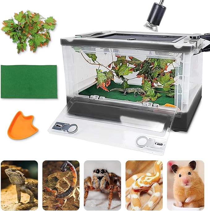 RunDuck Foldable Reptile Terrariums Kits with Plant, Feeding Bowl, Carpet, Easy to Carry, Easy to Move with Wheels, Heat-Resistant Material, Suitable for Lizard Tortoise Leopard Gecko (Black)