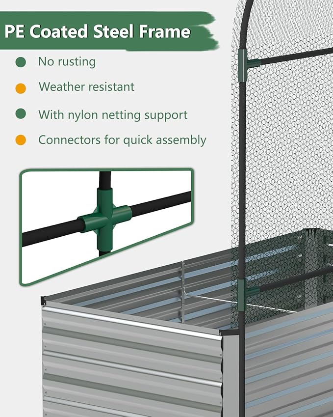 FOOWIN Raised Garden Bed with Arch Trellis for Climbing Plants,Galvanized Raised Garden Bed,Planter Boxes Outdoor for Vegetables Flowers Herb,478 Gallon Capacity Silver