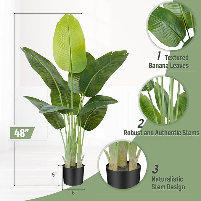 Lifelike Bird of Paradise Artificial Plant,4ft Faux Banana Leaf Tree with 9 Trunks - Perfect Indoor Silk Floor Plant for Home Decor in Living Room, Office, and Bedroom (Set of 2)