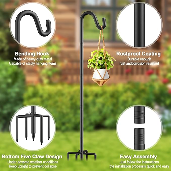 76" Shepherds Hooks for Outdoor, Adjustable Bird Feeder Pole with 5 Prong Base, Heavy Duty Bird Feeder Pole for Hanging Bird Feeders, Plant, Wind Chimes, and Garden Decorations