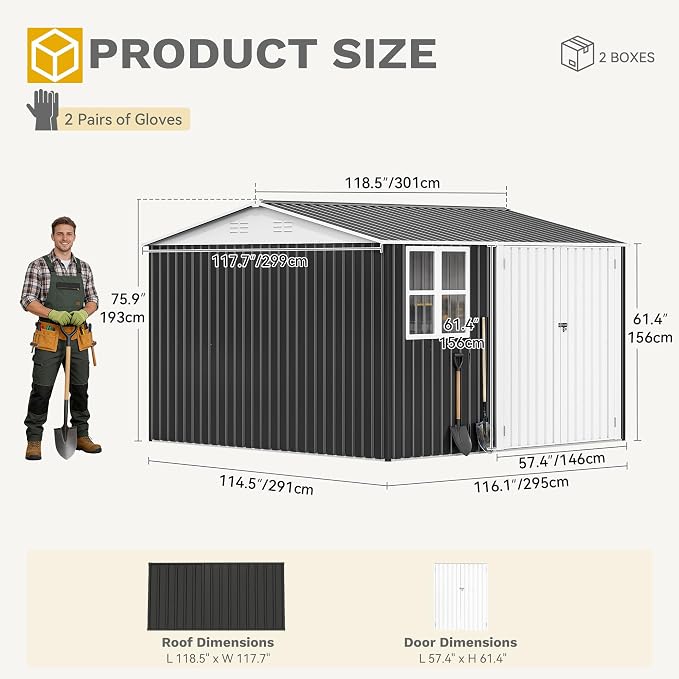 DWVO 10x10ft Metal Outdoor Storage Shed with Window, Lockable Tool Storage Sheds, Oversized Steel Garden Sheds with Sloped Roof for Backyard, Patio, Garage, Lawn, Gray & White