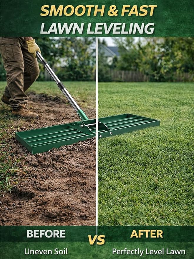 30x10 inch Lawn Leveling Rake, Yumatum 72" Effort Saving Lawn Leveler Tool, Stainless Steel Handle Lawn Leveler for Golf Course Yard Pasture Garden, Professional Lawn Care Landscape Rake(Green)