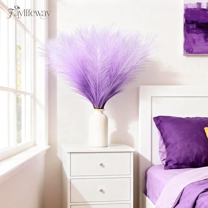 50 PCS Purple Pampas Grass, 17in Pampas Grass Decor, Artificial Pompas Wall Decor for Vase Room Bedroom Kitchen Table Wedding Party Birthday Baby Showers（Purple）