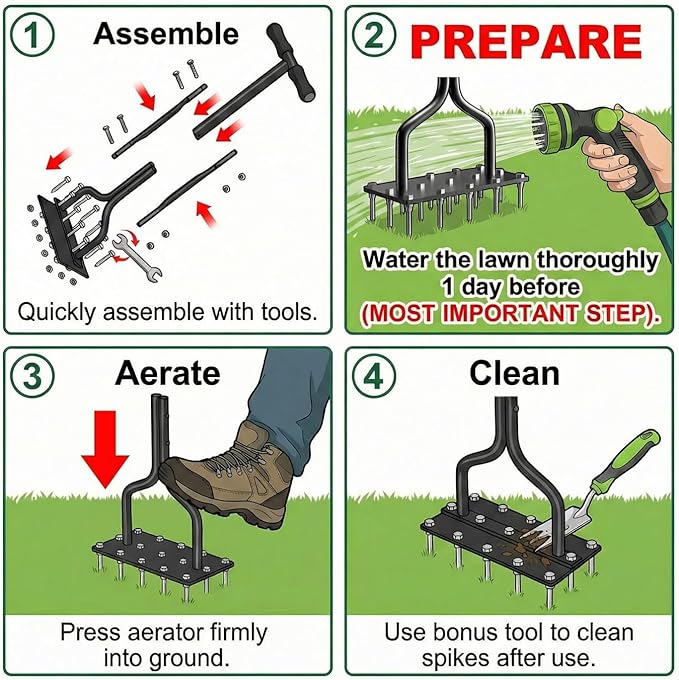 Lawn Aerator Tool with 15 Thicker Spikes, Manual Grass Aerator for Yard Care, Includes 3 Spare Spikes, Weldless U-Shaped Handle, 36 Inch(Black)