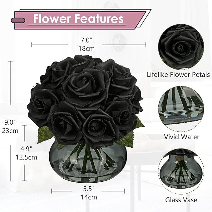 Hollyone Black Roses Artificial Flowers in Vase Silk Fake Rose Bouquet Flowers Floral Arrangements with Glass Vase with Faux Water for Home Bathroom Office Table Centerpiece Shelf Decorations