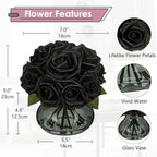 Hollyone Black Roses Artificial Flowers in Vase Silk Fake Rose Bouquet Flowers Floral Arrangements with Glass Vase with Faux Water for Home Bathroom Office Table Centerpiece Shelf Decorations