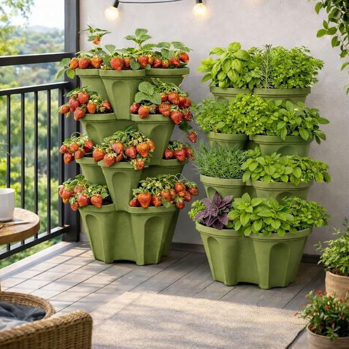 Large Vertical Planter Tower, 4 Tier Stackable Garden Planter, 28 Plant Sites, Heavy Duty Strawberry Planter, Vertical Growing System with Center Hole, Made in USA (4, Sagebrush Green, Large)