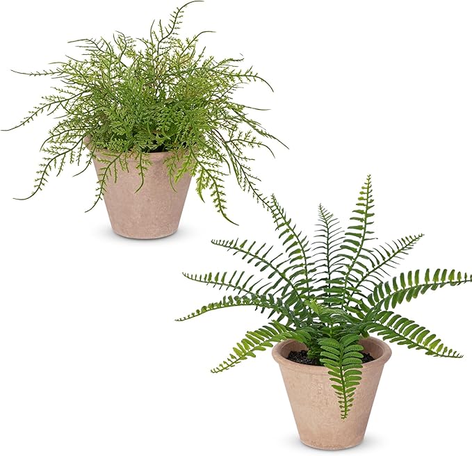 2 Pack Artificial Fern Potted Plant, Small Fake Plants in Pot, Faux Fern Plant for Home Office Farmhouse Living Room Bathroom Kitchen Tabletop Desk Shelf Decoration