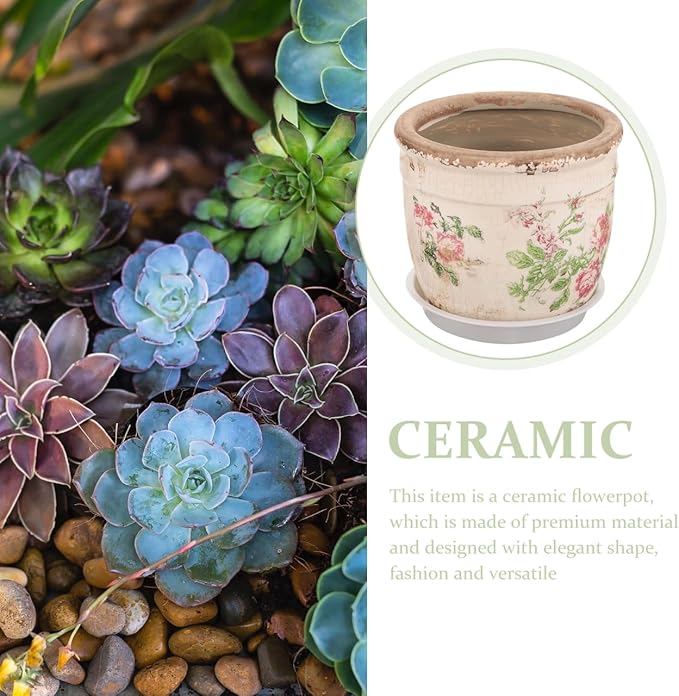 PRETYZOOM Vintage Succulent Pot with Drainage, 4.5'' Small Ceramic Planter with Floral Pattern, Indoor Flower Pot for Balcony, Kitchen, Windowsill Decoration, Christmas Supplies