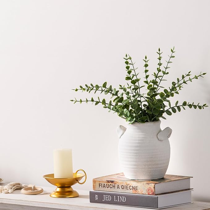Vanselia Ceramic Flower Vase Home Decor - Farmhouse Table Vases with Handle Living Room Decoration Vintage Decorative Aesthetic for Shelf Coffee Dining Desk House Bookshelf Fireplace (6" Rustic)