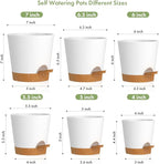 7/6.5/6/5.5/5/4 inch Self Watering Pots for Indoor Outdoor Plants, 6 Pack Plastic Flower Planters with Drainage Holes and Removable Saucers, Plant Pots with Wicking Rope, White Brown