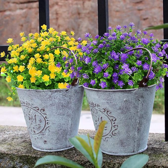 24 Bundles Outdoor Artificial Flowers UV Resistant Fake Boxwood Plants, Faux Greenery for Indoor Outside Hanging Plants Garden Porch Window Box Home Wedding Farmhouse Décor (Purple)