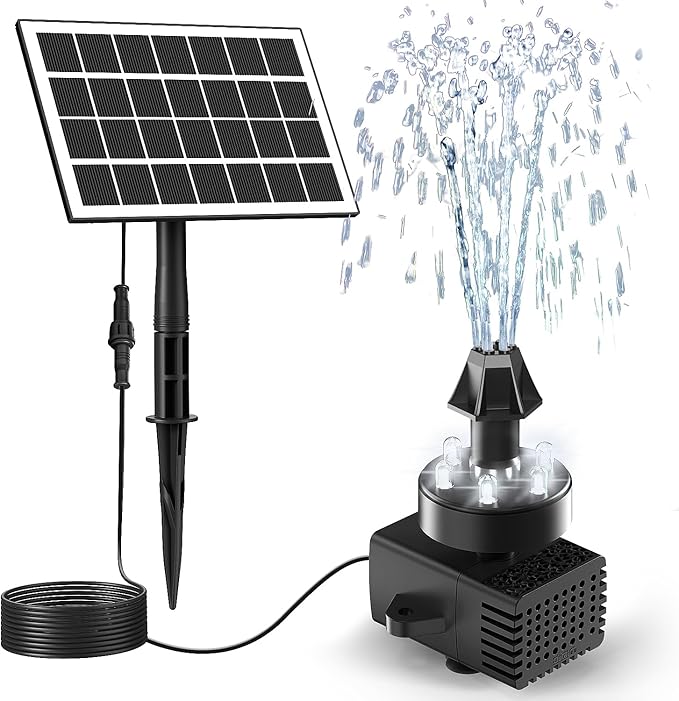 Jutai Solar Fountain Kit White Lights,3.5W Glass Solar Water Pump with 2000mAH Battery, Solar Bird Bath Fountain with Sucker and Stake for Garden, Outdoor, Water Feature-16.4ft Power Cord,7 Nozzles