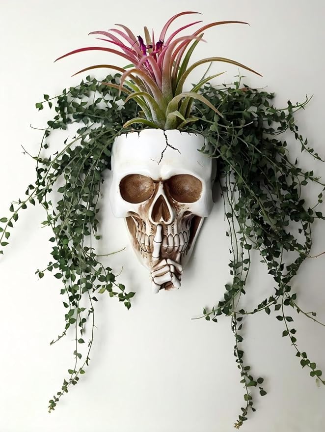 Resin Air Plant Holders,Tilandsia Container,Gothic Skeleton Planter,Halloween Plant Pot,Tillandsia Pot, Skull Table Top Display Planters for Air Plants and Other Mini Plants (White No.1, 7*5*3.2'')