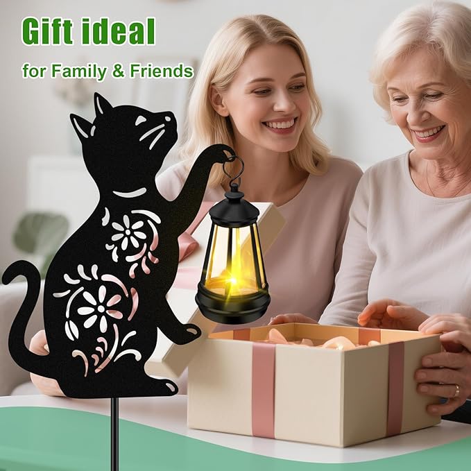 ZFNN Solar Garden Statues Cat Decor - Outdoor Metal Lantern Silhouette Stake, Waterproof Solar Lights for Yard Patio Lawn Pathway Art Decoration, Unique Gardening Gifts for Women Mom Cat Lovers 2Pack
