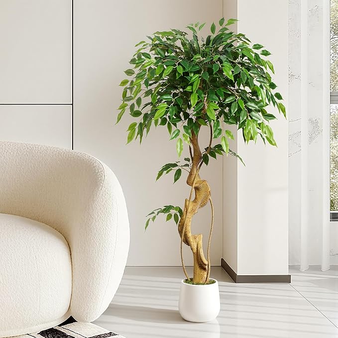 4ft Large Ficus Artificial Trees in White Pot, 48" Tall Fake Silk Tree with Natural Curved Trunk, Lush Faux Ficus Tree for Indoor Home Decor, Living Room, Office & Patio