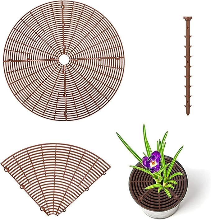 Plant Pot Grids 6PCS Plant Pot Soil Guard with Nails Grid Flower Cover Baby Safety Mouse Garden Home Protector(Brown L Round)