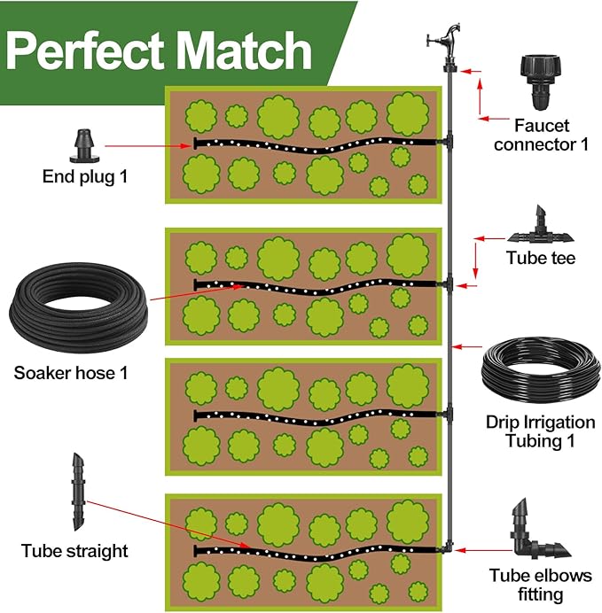 Drip Irrigation System Kit Garden Watering System 200ft 1/4 Inch Soaker Hose 100ft 1/4 Inch Drip Irrigation Tubing with Distribution Tubing and Accessories for Garden Greenhouse Patio Lawn