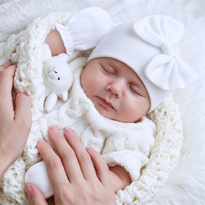 BQUBO Newborn Baby Girls Hats Mittens Set Hospital Hat Beanie Infant Bow Hats Baby Cotton Gloves for 0-6 Months