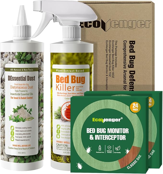EcoVenger Bed Bug Defense-in-A-Box, Bed Bug Killer 16oz+ DEssential Dust+ Monitor Trap, Comprehensive Bed Bug Eradication Total Protection/Elimination/Residual on All Bug Life Stages, Child&Pet Safe