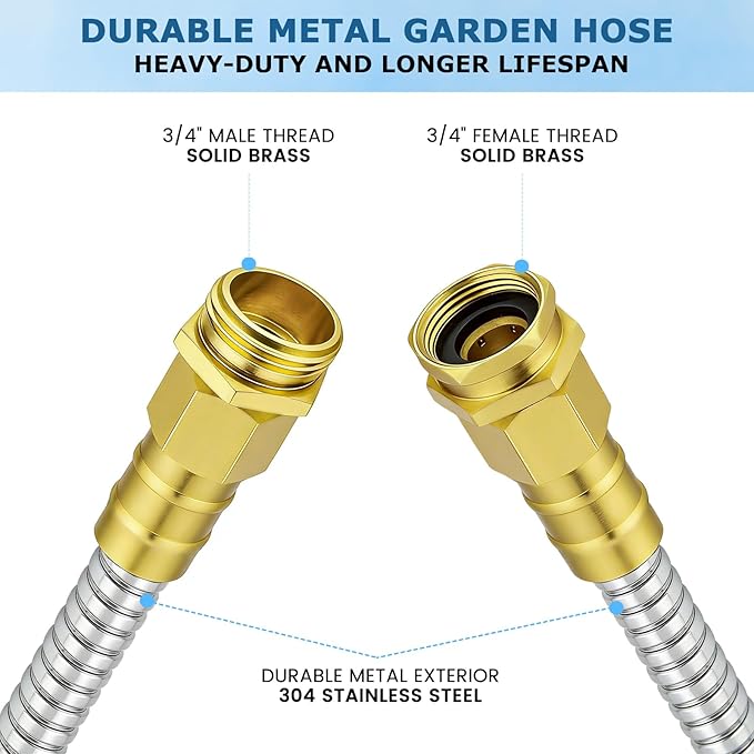 Short Stainless Steel Metal Garden Hose 10 ft, 3/4" Female to Male Solid Brass Connector, Small Leader Hose for Hose Reel, Durable, Flexible, Lightweight, Outdoor Water Hose Extension Adapter