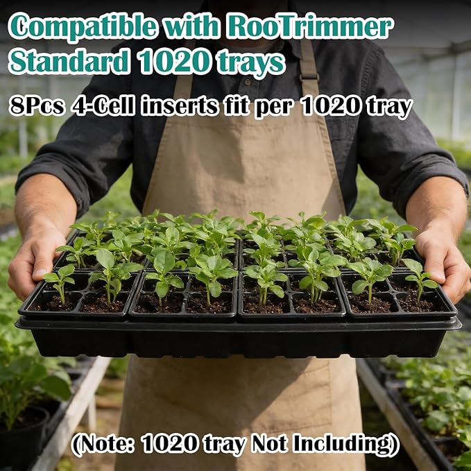 RooTrimmer 40 Pack Reusable 4-Cell Seed Starter Tray for Seedlings, Deep Large Cell Plant Starter Trays with Drainage Holes for Seed Germination, Easy Transplant, Fits Standard 1020 Flats, Black