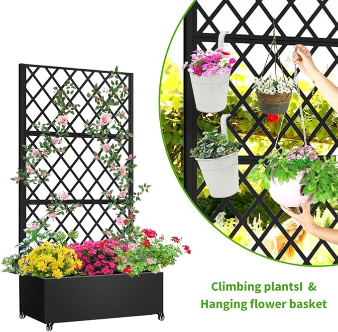 Metal Planter Box with Privacy Screen Trellis,Galvanized Raised Garden Bed On Wheels for Climbing Plants Vines, Standing Garden Flower Bed with Drainage Holes (Black, 35" L x16 W x 73" H)