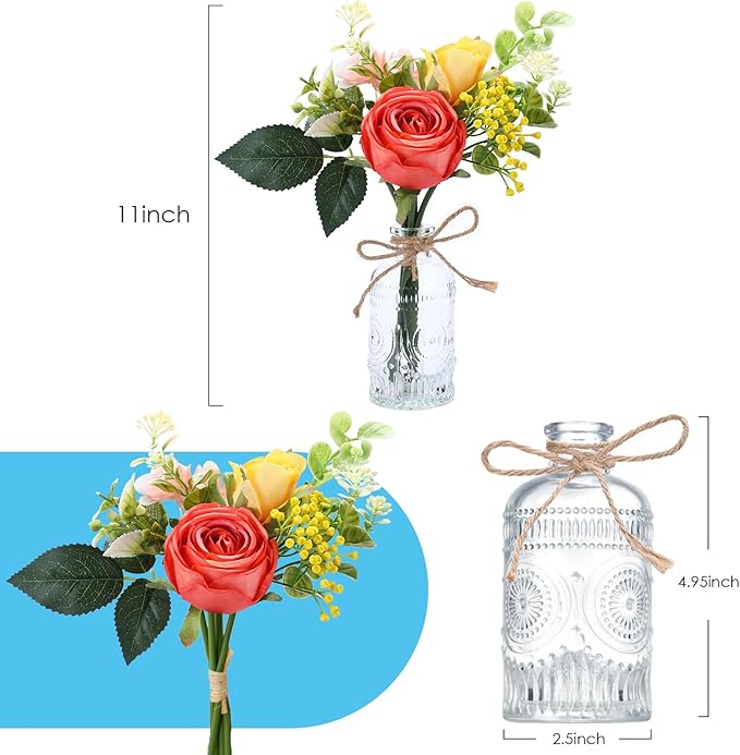 AFRITEE Artificial Flowers with Small Vase - Orange Potted Fall Rose Floral Arrangements Artificial with Small Vase for Home Living Office Wedding Coffee Centerpiece Table