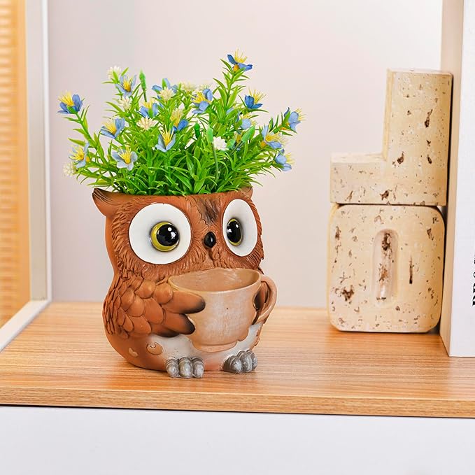 Saysmile Unique Owl Plant Pots Indoor, Cute Small Succulent Pots with Drainage Hole, Watering Owl Planters for Indoor Outdoor Plants, Resin Flower Pot for String of Pearls, Gift Ideas for Mother