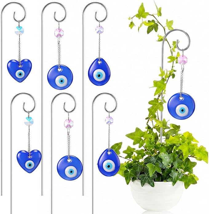 6 Pack Plant Trellis for Potted Plants with Evil Eye Glass Suncatcher 11.81 inch Metal Plant Stake for Indoor Outdoor Garden Suncatchers Decorations