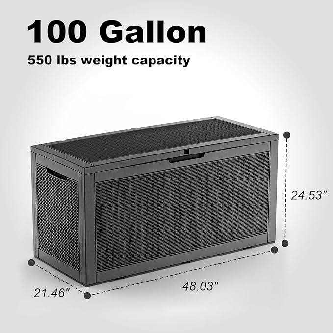 PatioZen 100 Gallon Resin Deck Box, Lockable Patio Outdoor Storage Box for Furniture, Garden Tools and Tools Storage, Waterproof Outside Storage Boxes - Black
