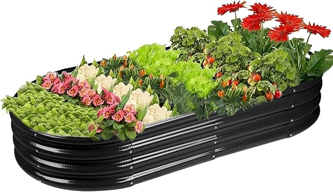 Rakukiri Raised Garden Bed GRS Certified Galvanized Planter Box Outdoor, 8ft Oval Rot-Resistant Metal Garden Bed Planter, Recycled Material Planter for Vegetables Flowers Herbs (Black)