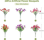 Alupssuc 24 Bundles Artificial Flowers for Outdoors Decoration, UV Resistant Silk Faux Daisy Flora Spring Fake Plastic Plants Greenery for Outside Indoor Yard Home Porch Window Box Decor, Mix 3 Colors