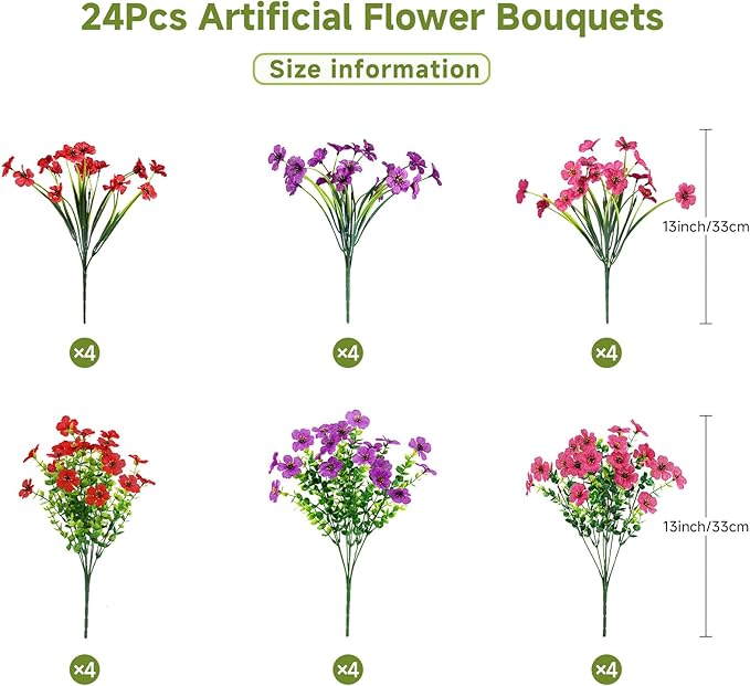 Alupssuc 24 Bundles Artificial Flowers for Outdoors Decoration, UV Resistant Silk Faux Daisy Flora Spring Fake Plastic Plants Greenery for Outside Indoor Yard Home Porch Window Box Decor, Mix 3 Colors