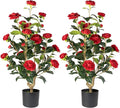 Artificial Camellia Tree 2 Pack - Realistic Camellia Plants in Pot with Red Flowers, Lifelike Faux Greenery for Living Room, Patio, or Wedding, Red