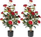 Artificial Camellia Tree 2 Pack - Realistic Camellia Plants in Pot with Red Flowers, Lifelike Faux Greenery for Living Room, Patio, or Wedding, Red