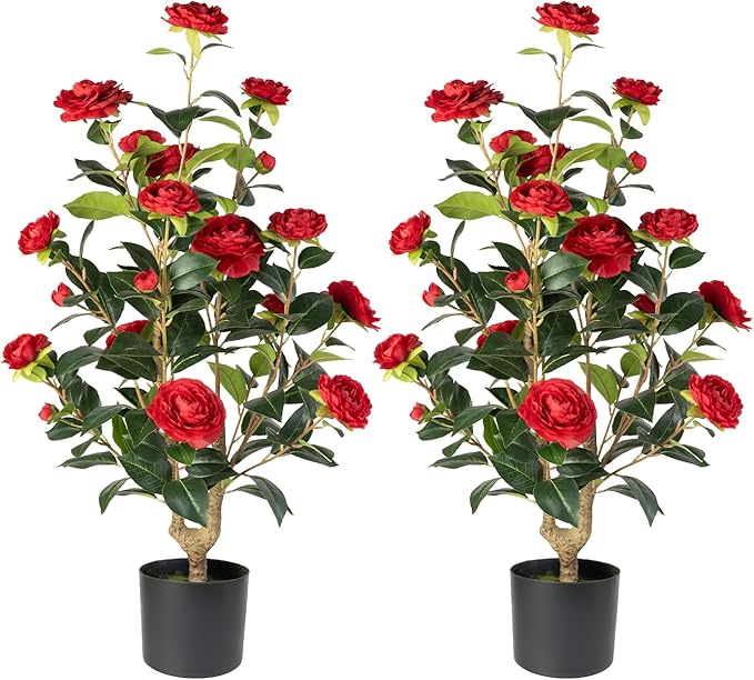 Artificial Camellia Tree 2 Pack - Realistic Camellia Plants in Pot with Red Flowers, Lifelike Faux Greenery for Living Room, Patio, or Wedding, Red