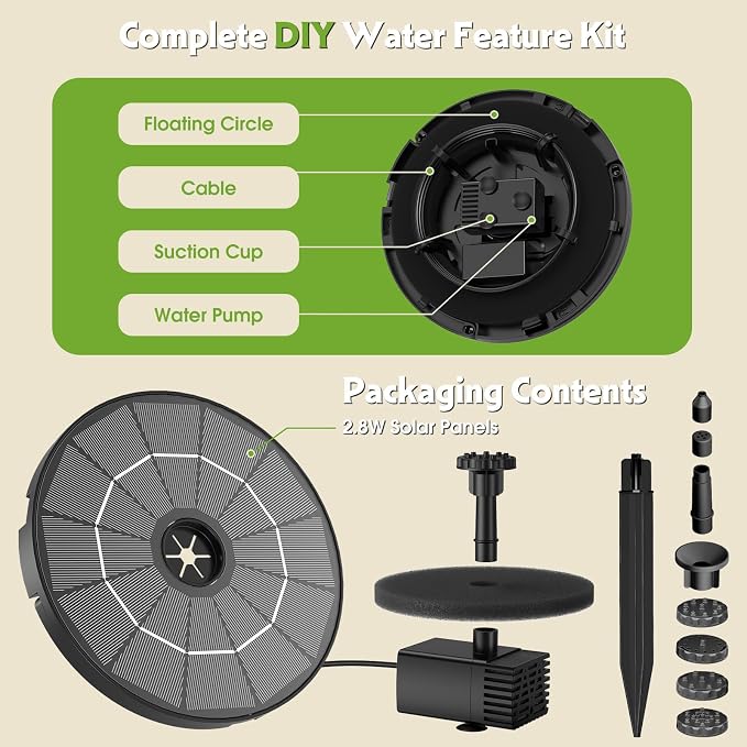 AISITIN DIY Solar Fountain Pump for Water Feature with 3.9ft Cord, Solar Bird Bath Fountain with 6 Nozzles, Solar Powered Water Floating Fountain for Bird Bath, Garden, Ponds Fish Tank, Outdoor