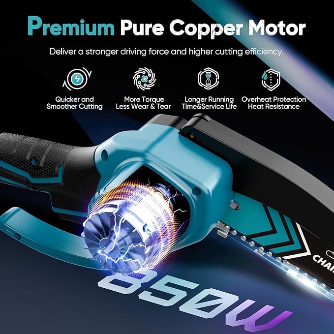 Mini Chainsaw- 6 Inch Electric Mini Chain Saw Cordless Battery Powered One-Hand Tree Trimming Saw with 2 Batteries, Portable Gardening Gadgets for Men, Unique Birthday Gifts (Blue)