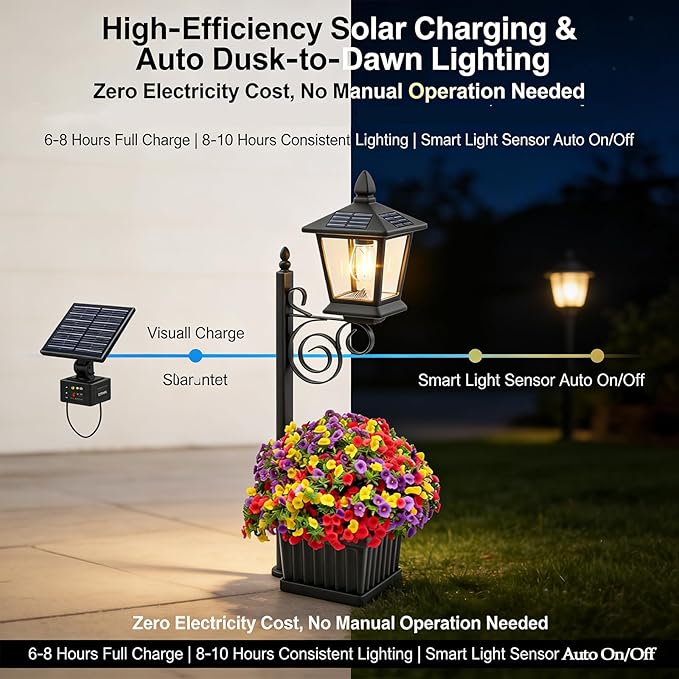 2-in-1 Solar Lamp Post Light with Planter, IP65 Waterproof Auto On Off with Artificial Flowers, Wall Mount Freestanding for Porch Planters with Flowers, Garden Patio Yard