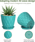 Meowell 5 inch Plant Pots for Indoor Outdoor Plants, 6 Pack Flower Pots with Drainage Holes and Saucers, 3D Modern Wave Texture Small Plastic Planter Pots for Nursery and House Plants, Blue Green