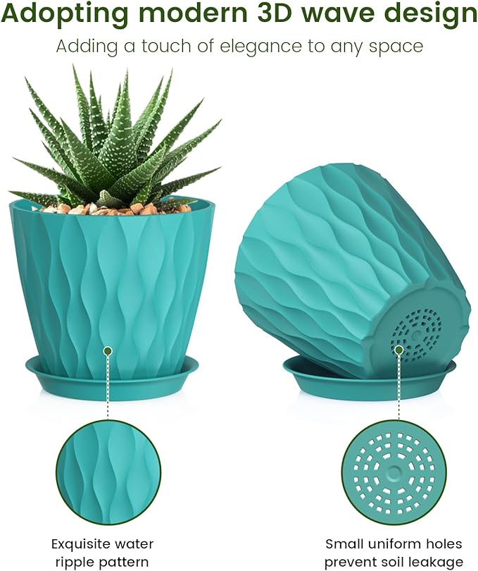 Meowell 5 inch Plant Pots for Indoor Outdoor Plants, 6 Pack Flower Pots with Drainage Holes and Saucers, 3D Modern Wave Texture Small Plastic Planter Pots for Nursery and House Plants, Blue Green