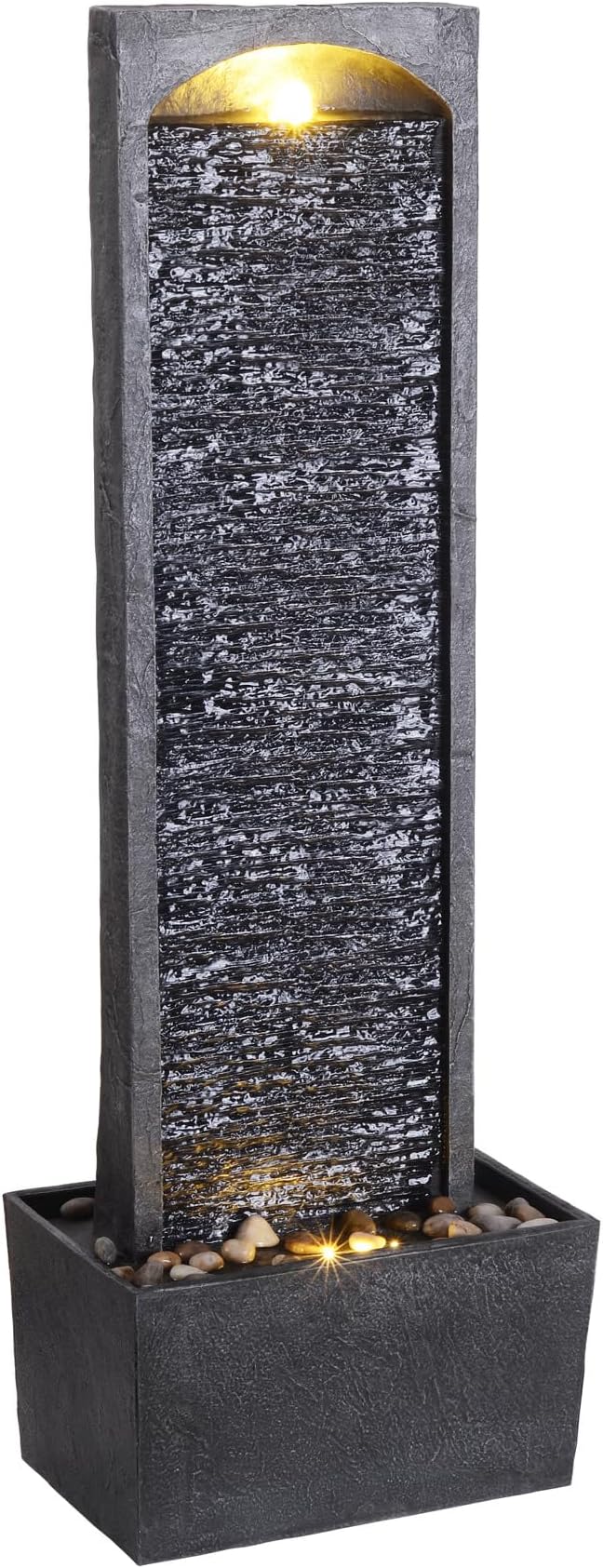 Teamson Home 38.5" Faux Slate Contemporary Outdoor LED Waterfall Fountain with Pebble Base, Gray/Black