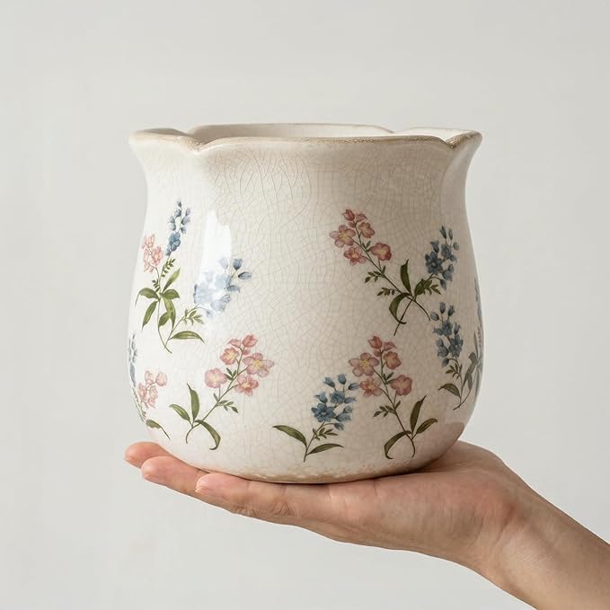 DREAMLOOM Vintage Ceramic Planter for Indoor Plants,6.1" Ice Crack Cottage Scroll Vase Tuscan Decor Flower Pots with Drainage Holes Home Kitchen Farmhouse Antique Decorative Gift (Red-Corrugated)